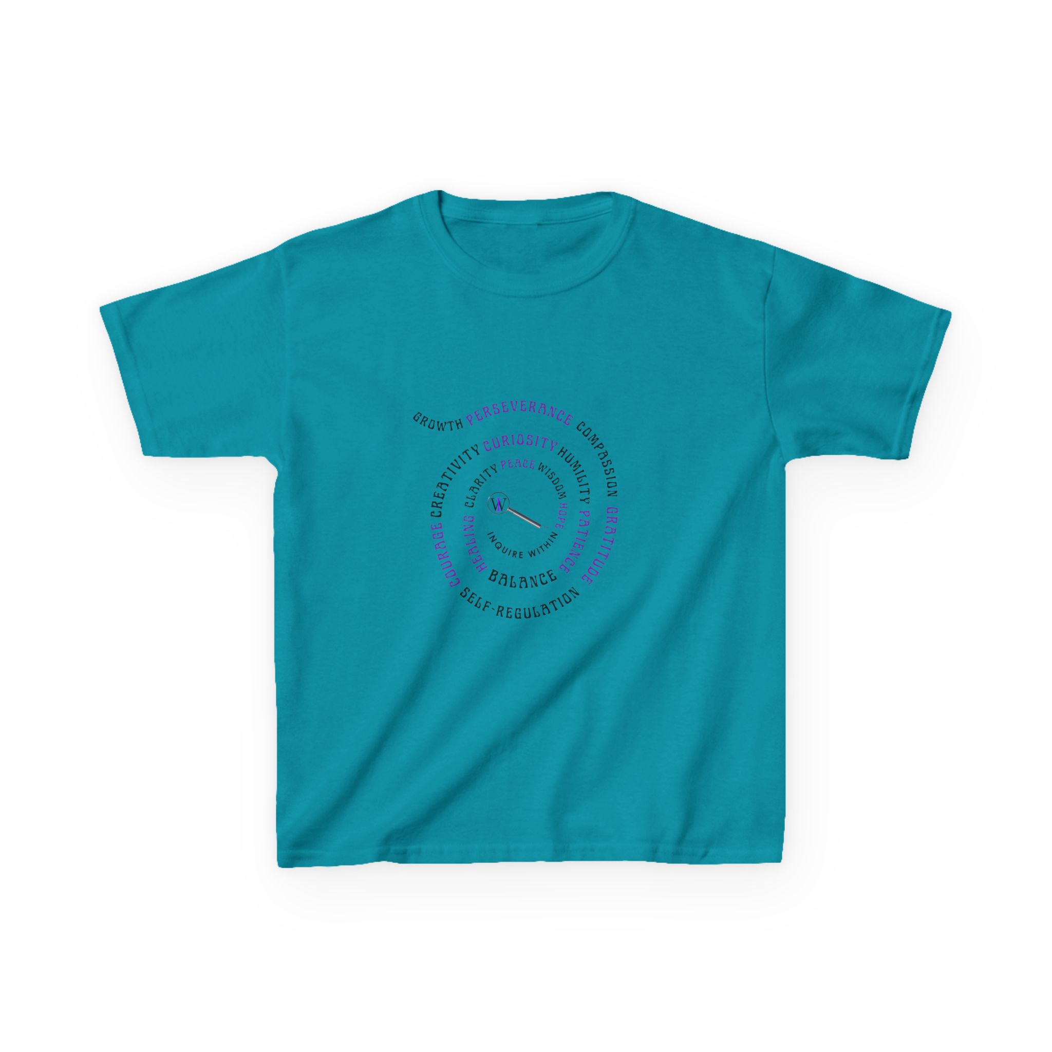 Kids Curiosity Tee — Magnifying Glass Logo & Positive Traits Spiral Kids T‑Shirt - Image 28
