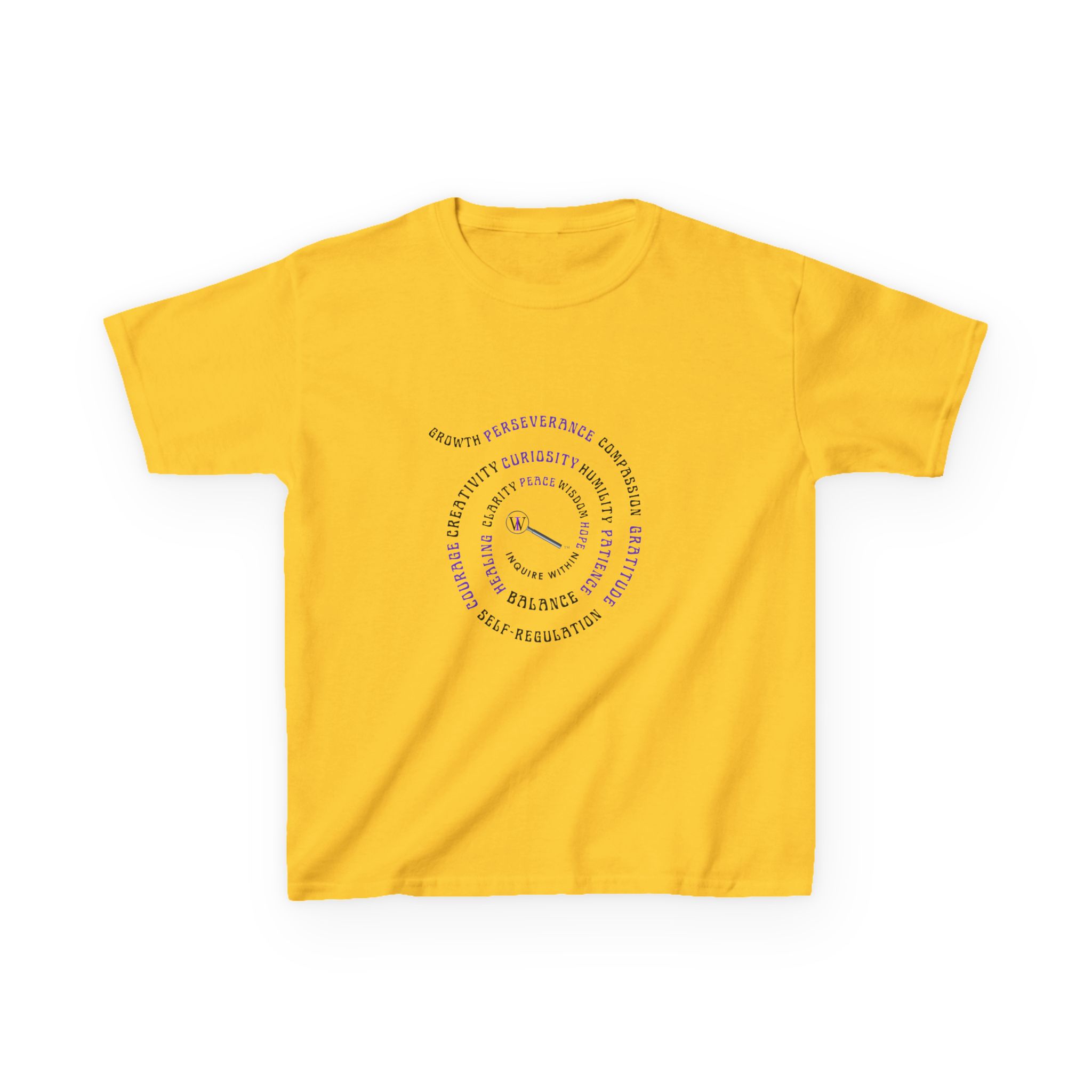 Kids Curiosity Tee — Magnifying Glass Logo & Positive Traits Spiral Kids T‑Shirt - Image 19