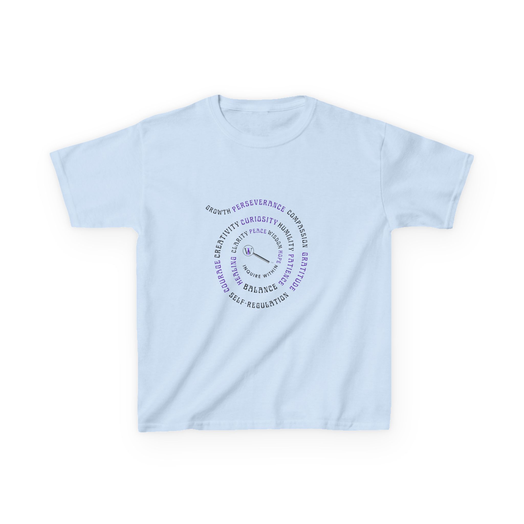 Kids Curiosity Tee — Magnifying Glass Logo & Positive Traits Spiral Kids T‑Shirt - Image 34
