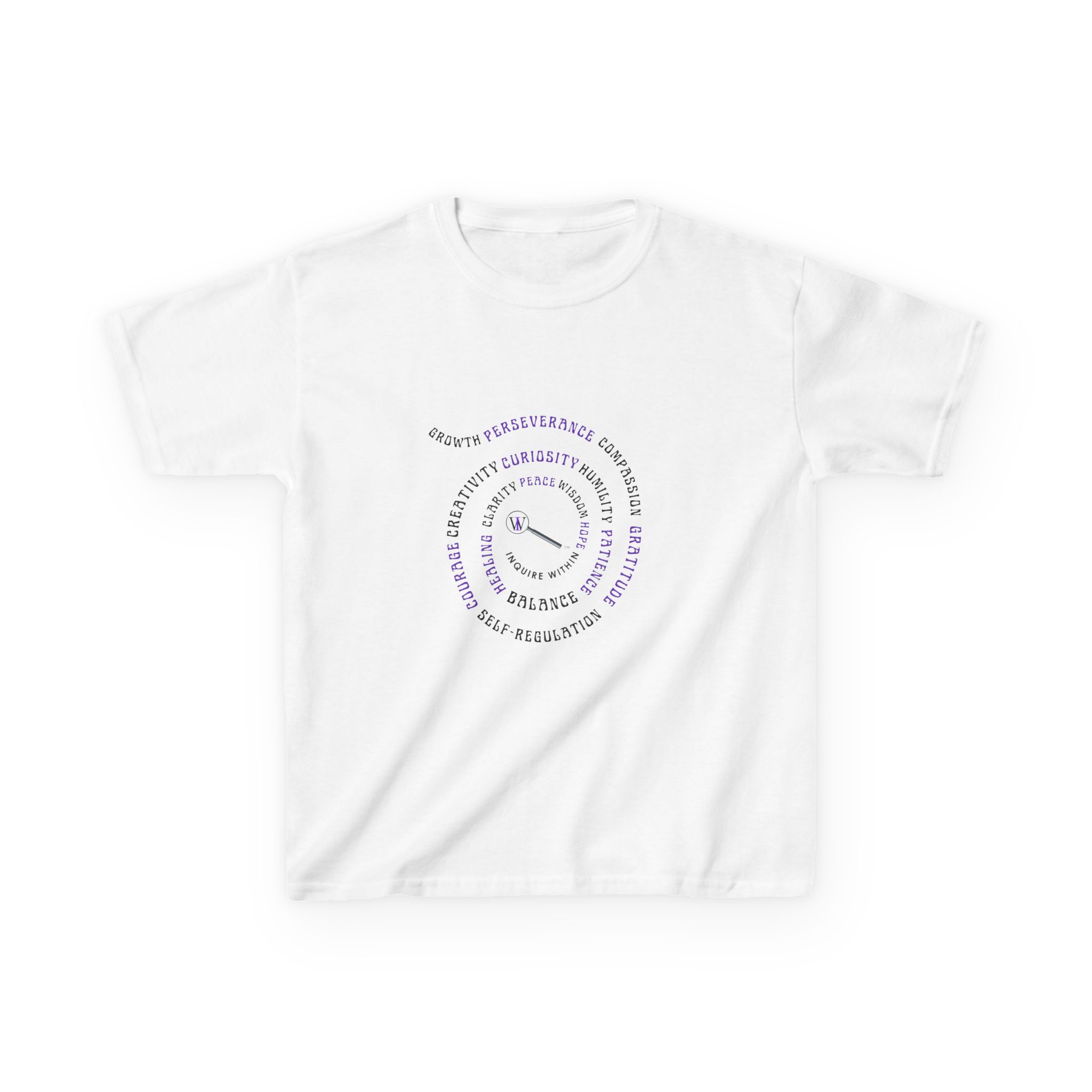 Kids Curiosity Tee — Magnifying Glass Logo & Positive Traits Spiral Kids T‑Shirt - Image 2