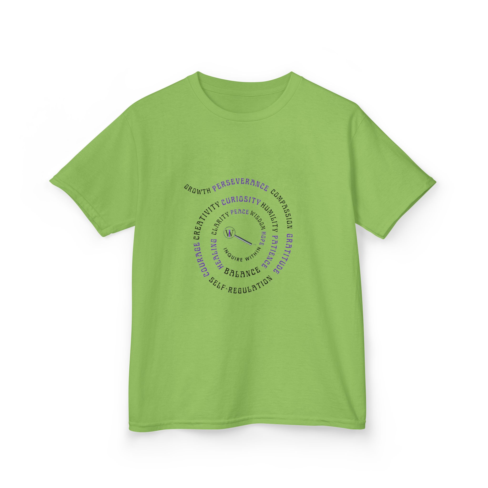 Kids Curiosity Tee — Magnifying Glass Logo & Positive Traits Spiral Kids T‑Shirt - Image 25