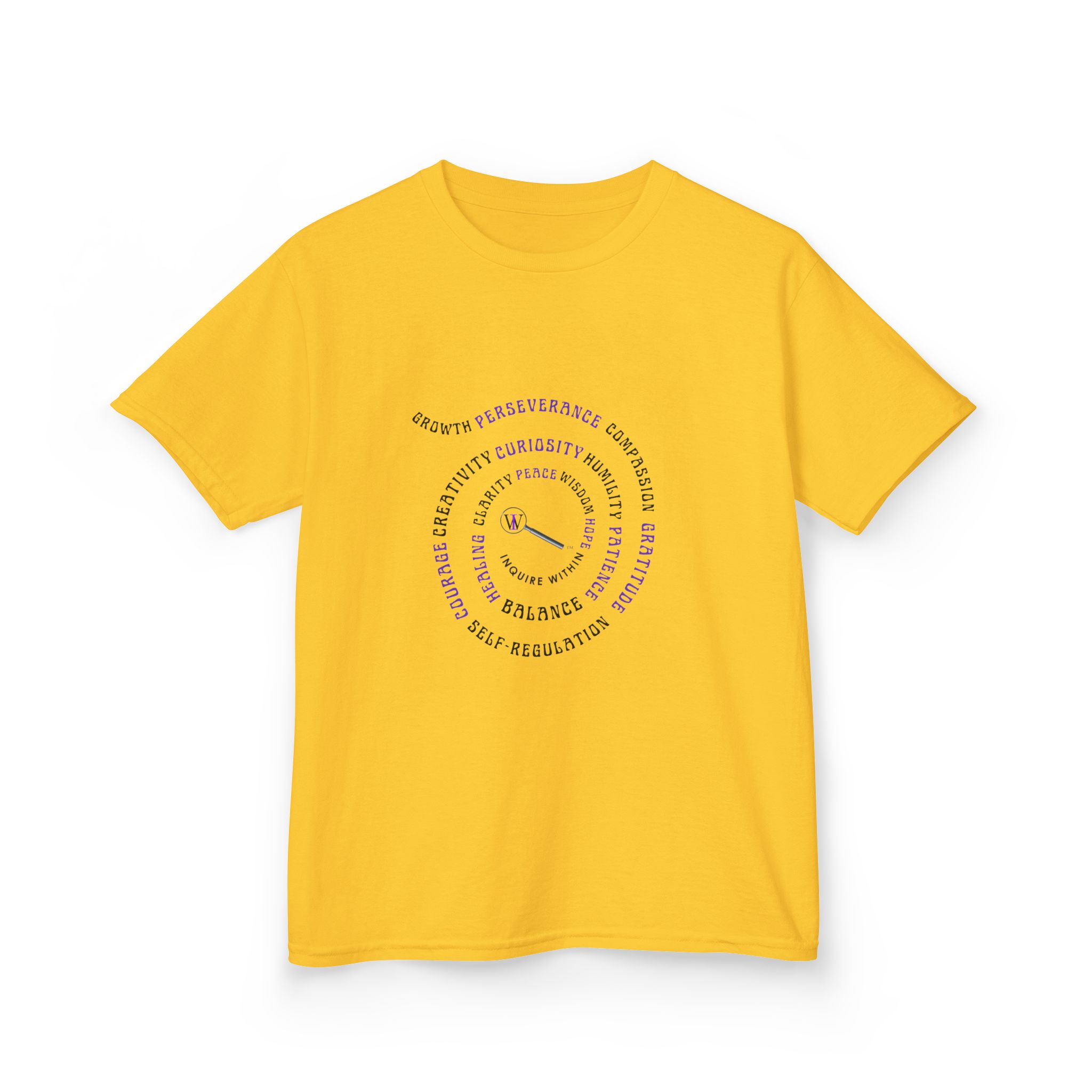 Kids Curiosity Tee — Magnifying Glass Logo & Positive Traits Spiral Kids T‑Shirt - Image 21