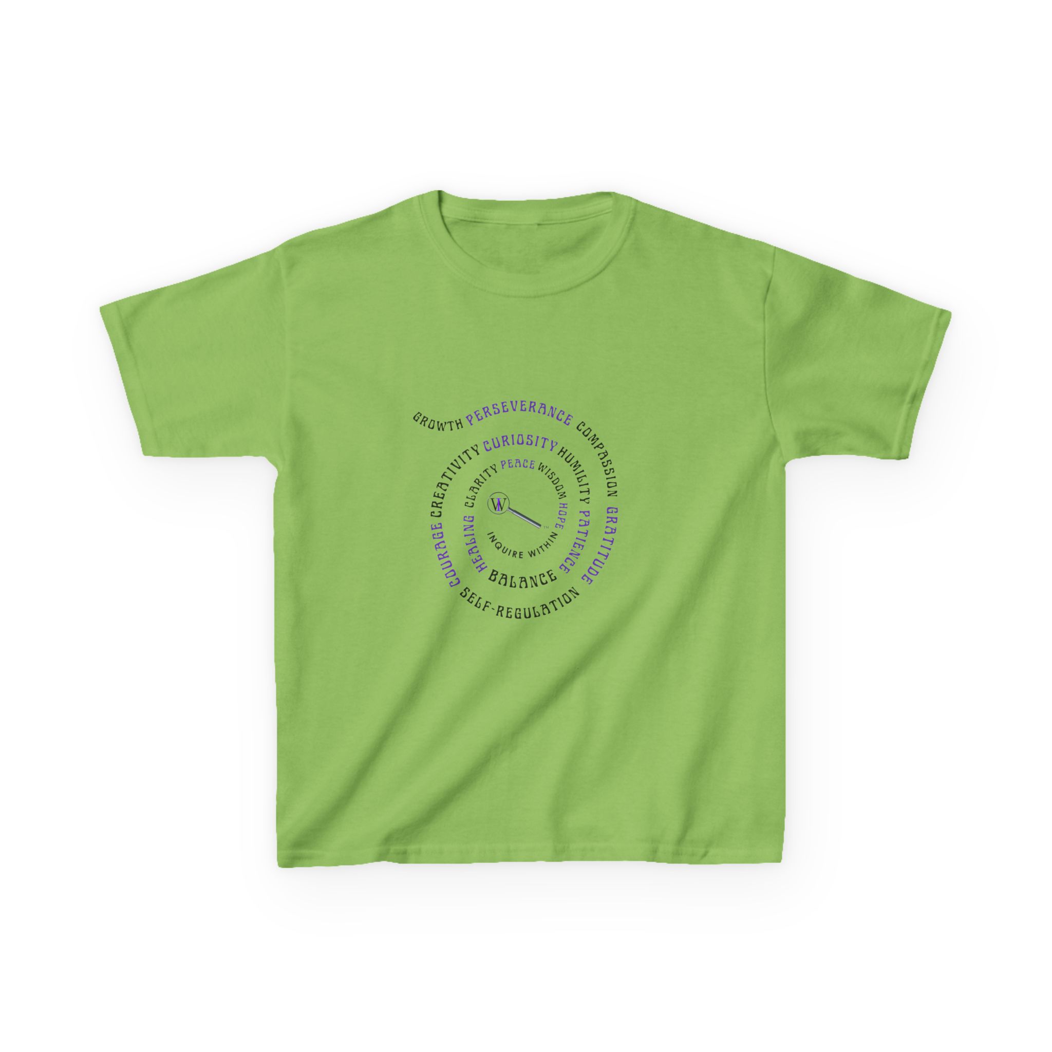 Kids Curiosity Tee — Magnifying Glass Logo & Positive Traits Spiral Kids T‑Shirt - Image 23