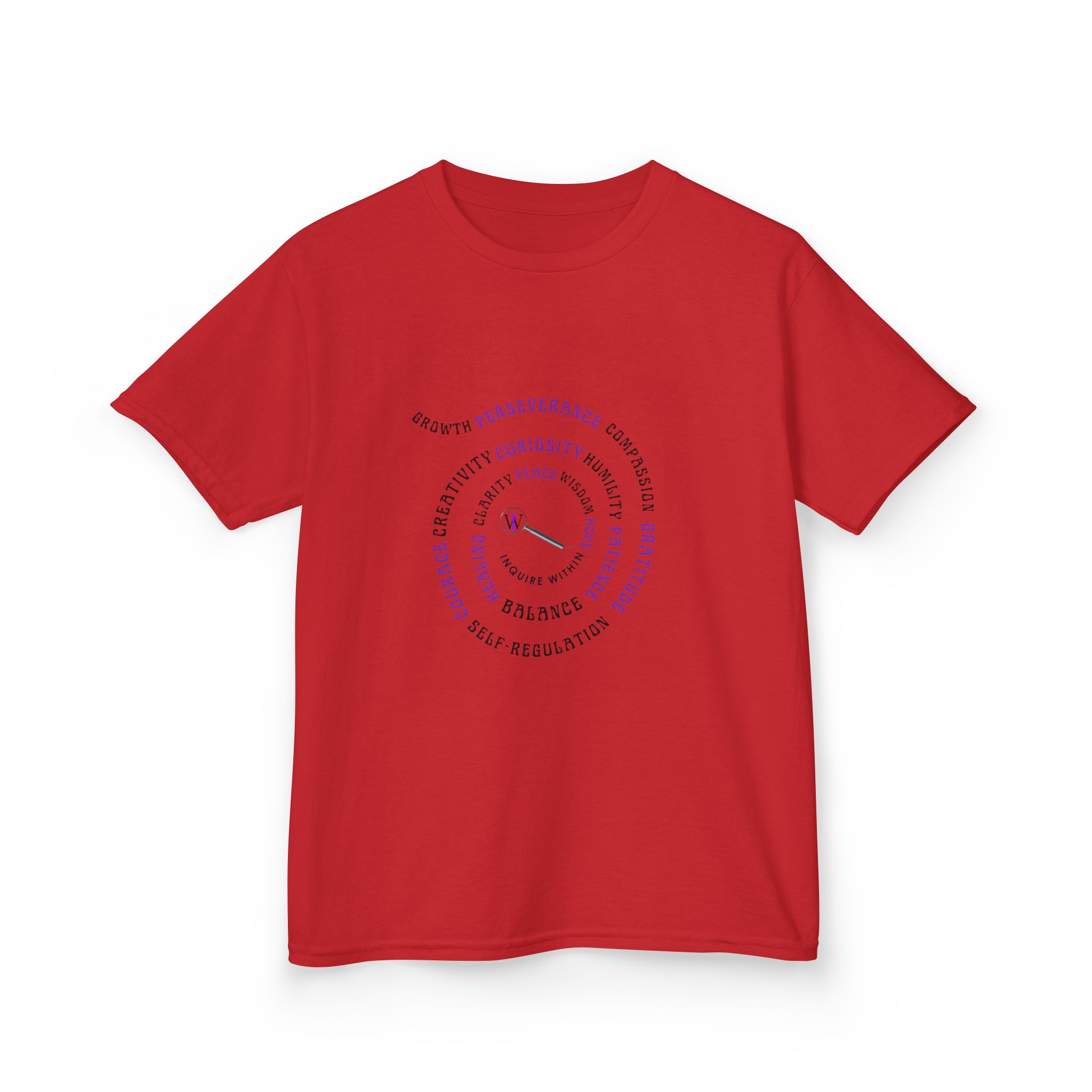 Kids Curiosity Tee — Magnifying Glass Logo & Positive Traits Spiral Kids T‑Shirt - Image 48