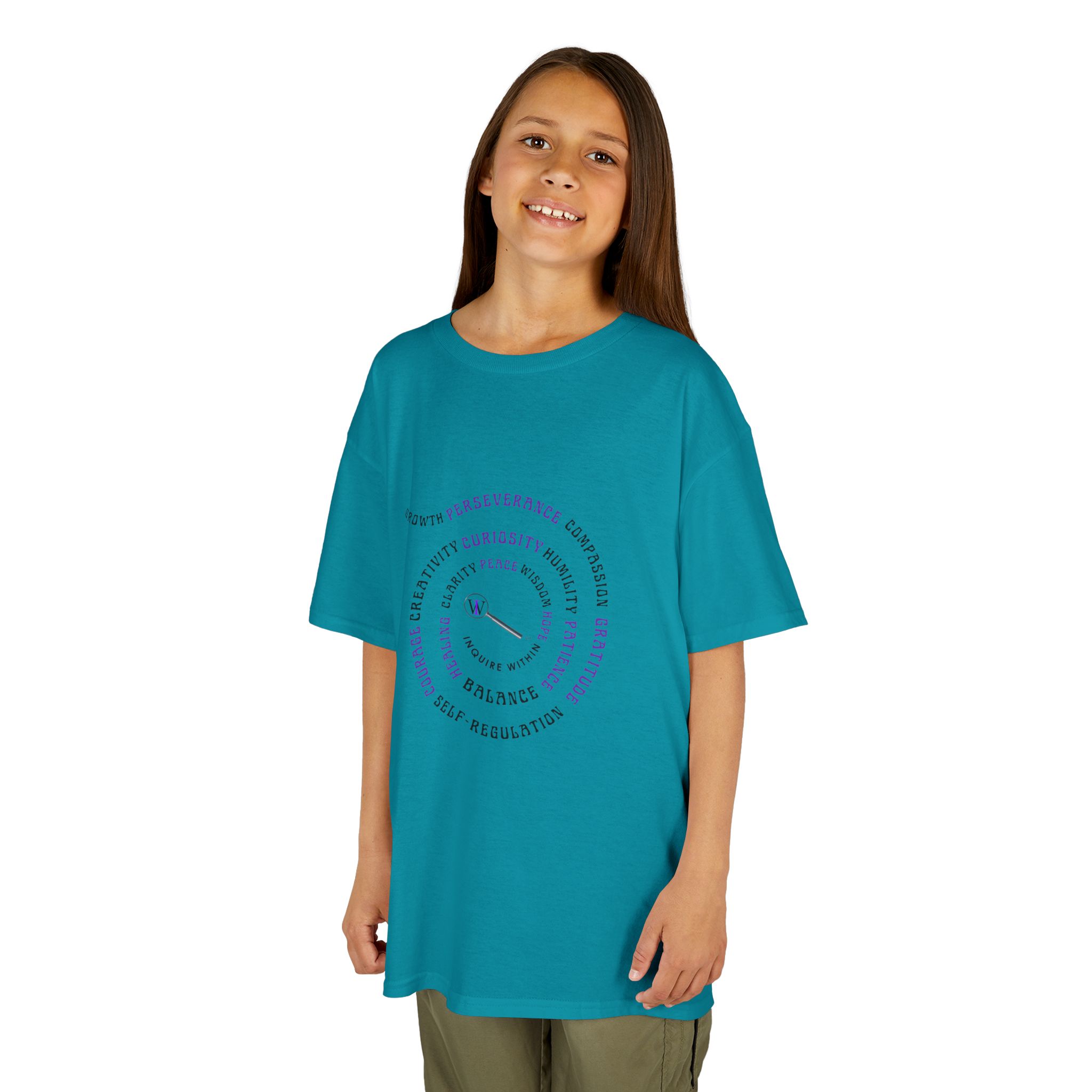 Kids Curiosity Tee — Magnifying Glass Logo & Positive Traits Spiral Kids T‑Shirt - Image 33