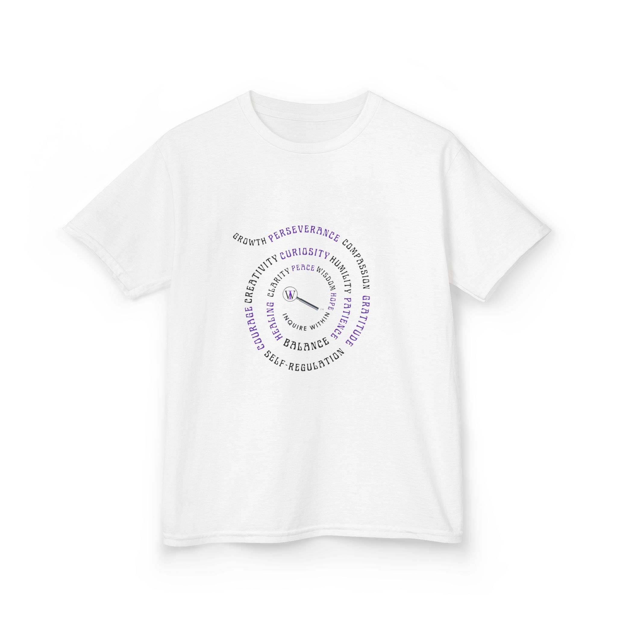 Kids Curiosity Tee — Magnifying Glass Logo & Positive Traits Spiral Kids T‑Shirt - Image 4