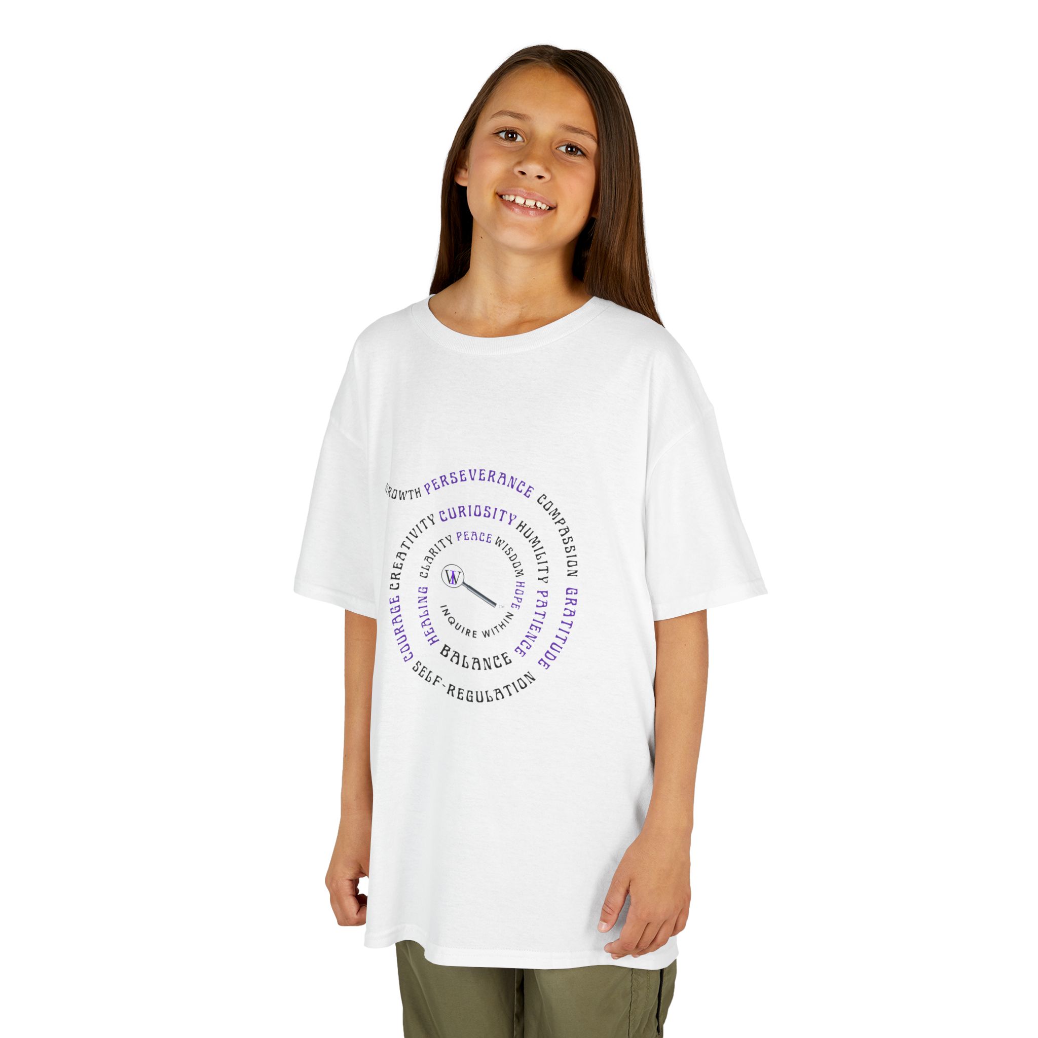 Kids Curiosity Tee — Magnifying Glass Logo & Positive Traits Spiral Kids T‑Shirt