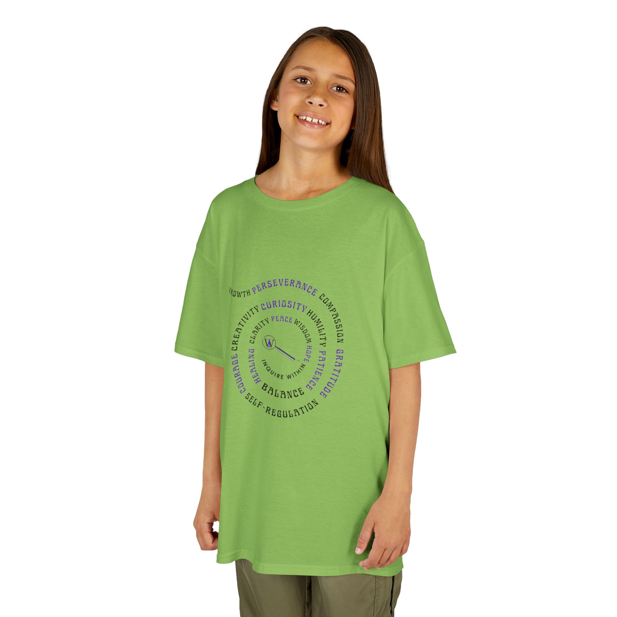 Kids Curiosity Tee — Magnifying Glass Logo & Positive Traits Spiral Kids T‑Shirt - Image 27