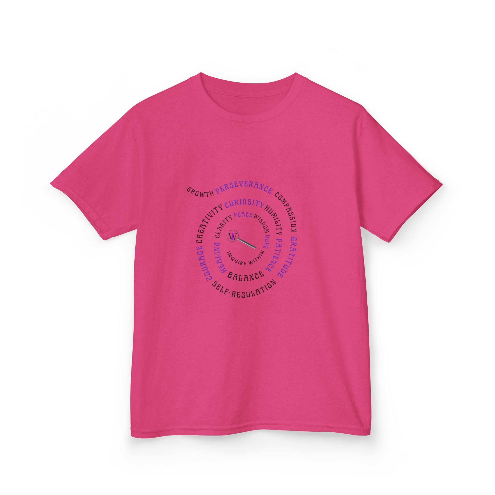 Kids Curiosity Tee — Magnifying Glass Logo & Positive Traits Spiral Kids T‑Shirt - Image 44