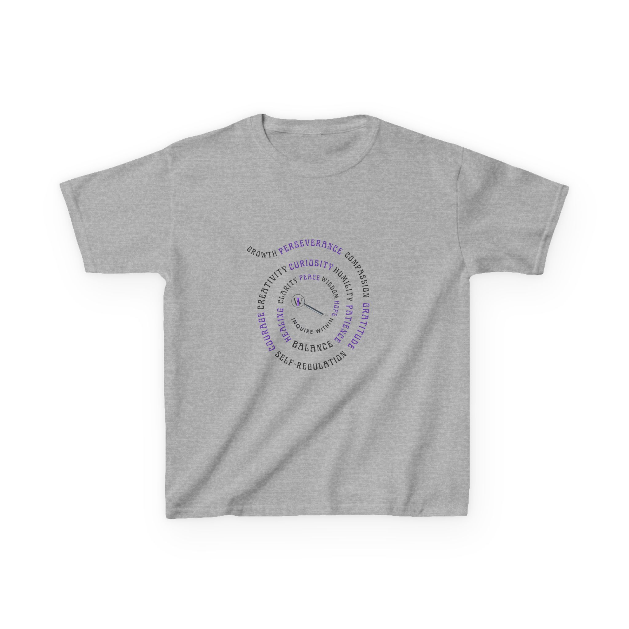 Kids Curiosity Tee — Magnifying Glass Logo & Positive Traits Spiral Kids T‑Shirt - Image 15