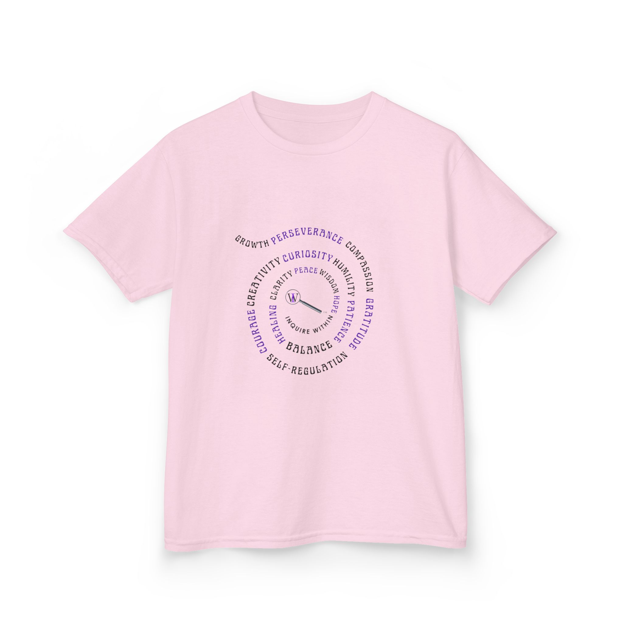 Kids Curiosity Tee — Magnifying Glass Logo & Positive Traits Spiral Kids T‑Shirt - Image 40