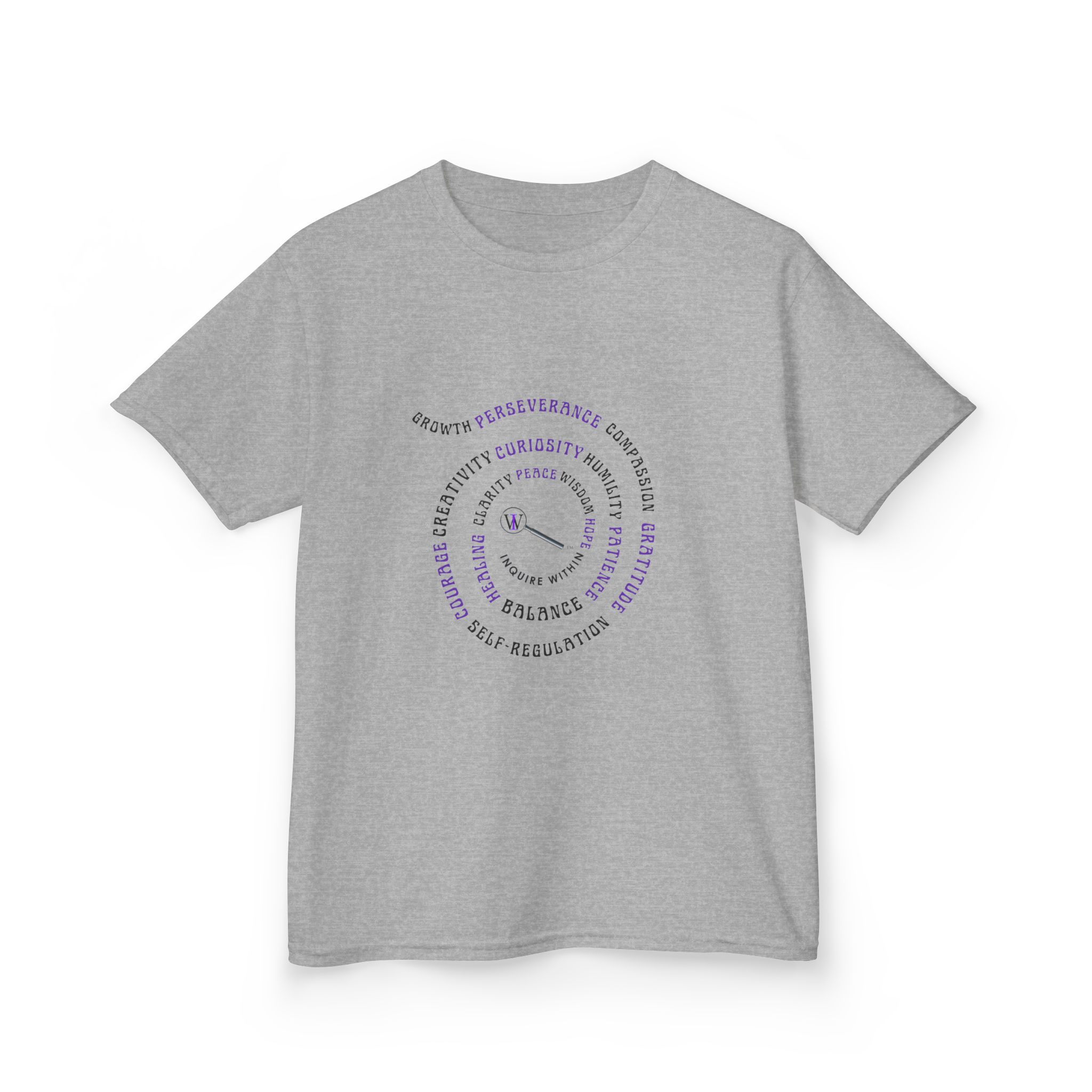 Kids Curiosity Tee — Magnifying Glass Logo & Positive Traits Spiral Kids T‑Shirt - Image 17