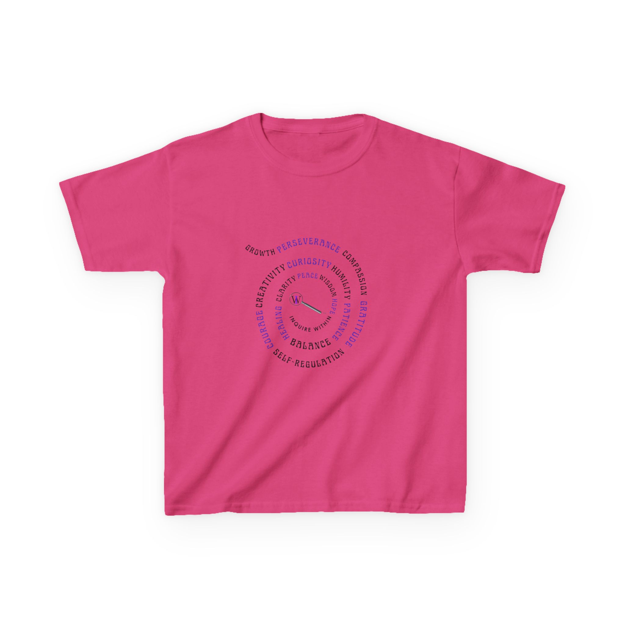 Kids Curiosity Tee — Magnifying Glass Logo & Positive Traits Spiral Kids T‑Shirt - Image 42