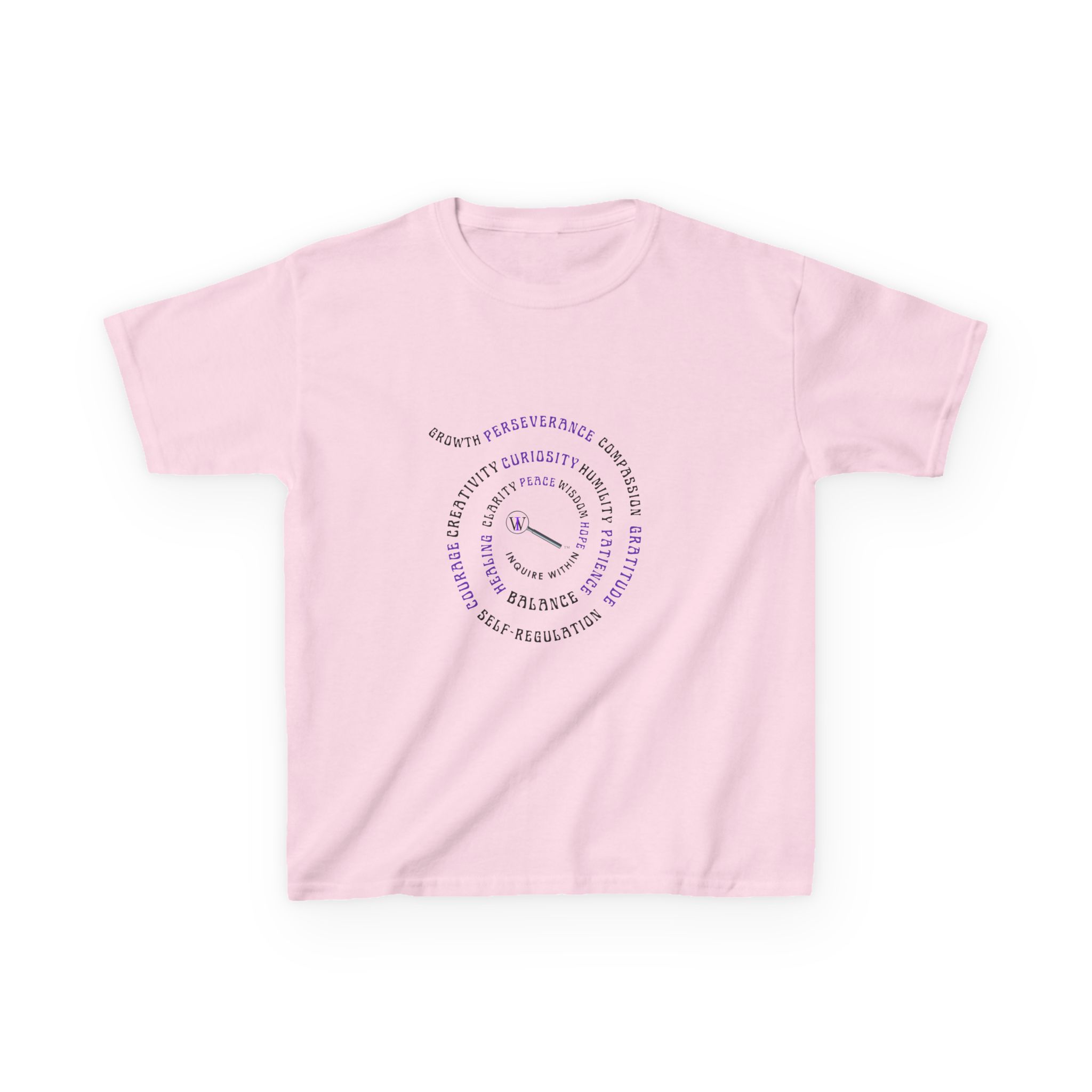 Kids Curiosity Tee — Magnifying Glass Logo & Positive Traits Spiral Kids T‑Shirt - Image 38