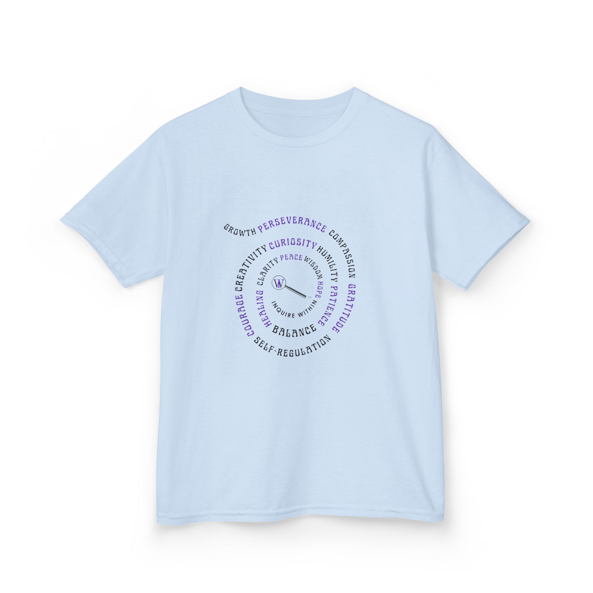 Kids Curiosity Tee — Magnifying Glass Logo & Positive Traits Spiral Kids T‑Shirt - Image 36