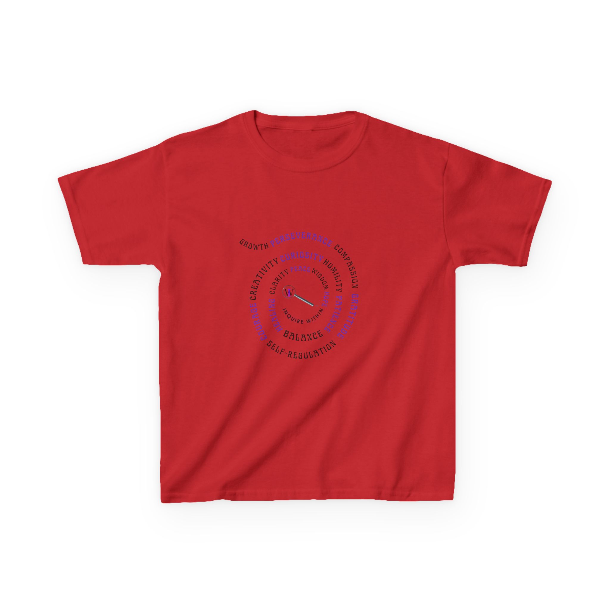 Kids Curiosity Tee — Magnifying Glass Logo & Positive Traits Spiral Kids T‑Shirt - Image 46