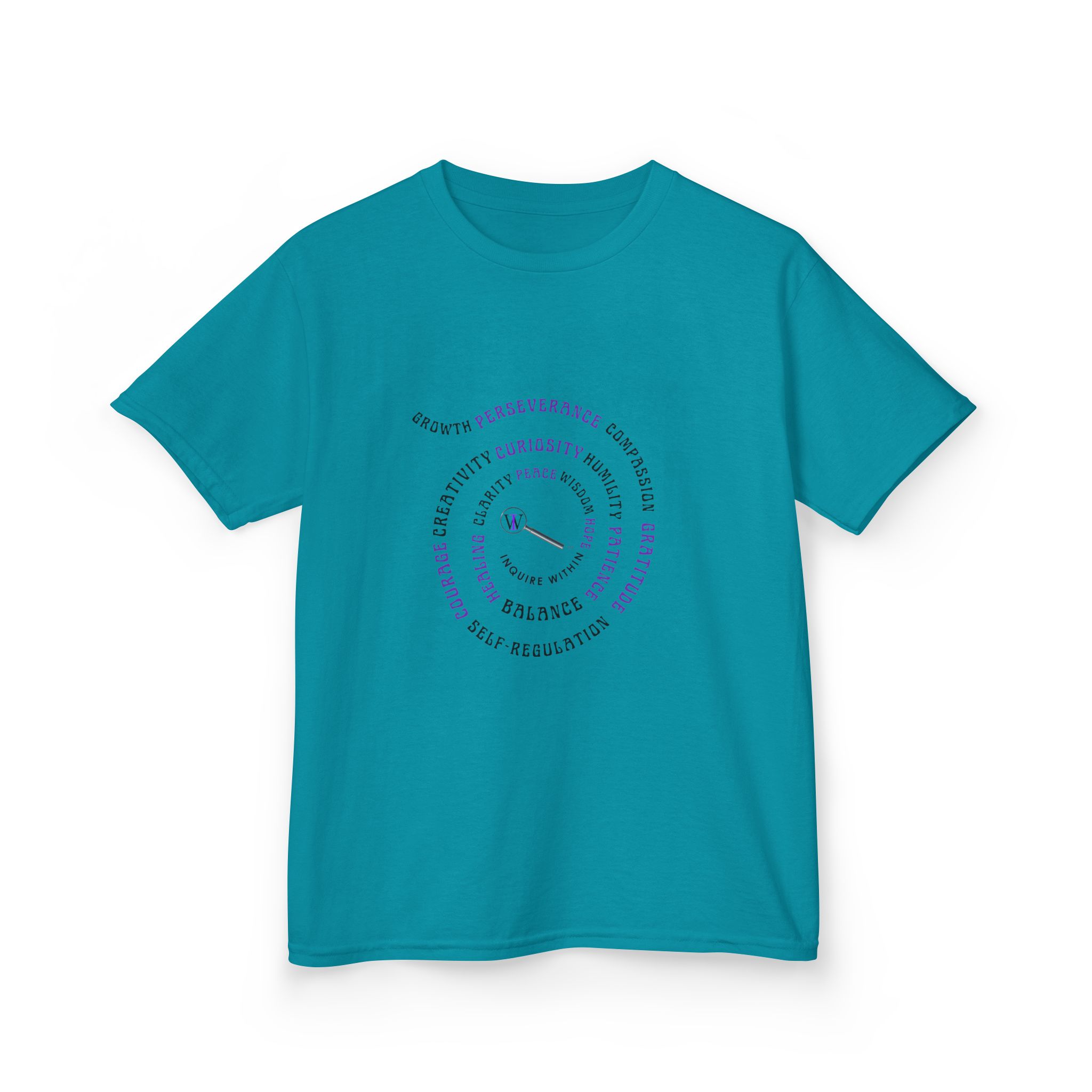 Kids Curiosity Tee — Magnifying Glass Logo & Positive Traits Spiral Kids T‑Shirt - Image 30
