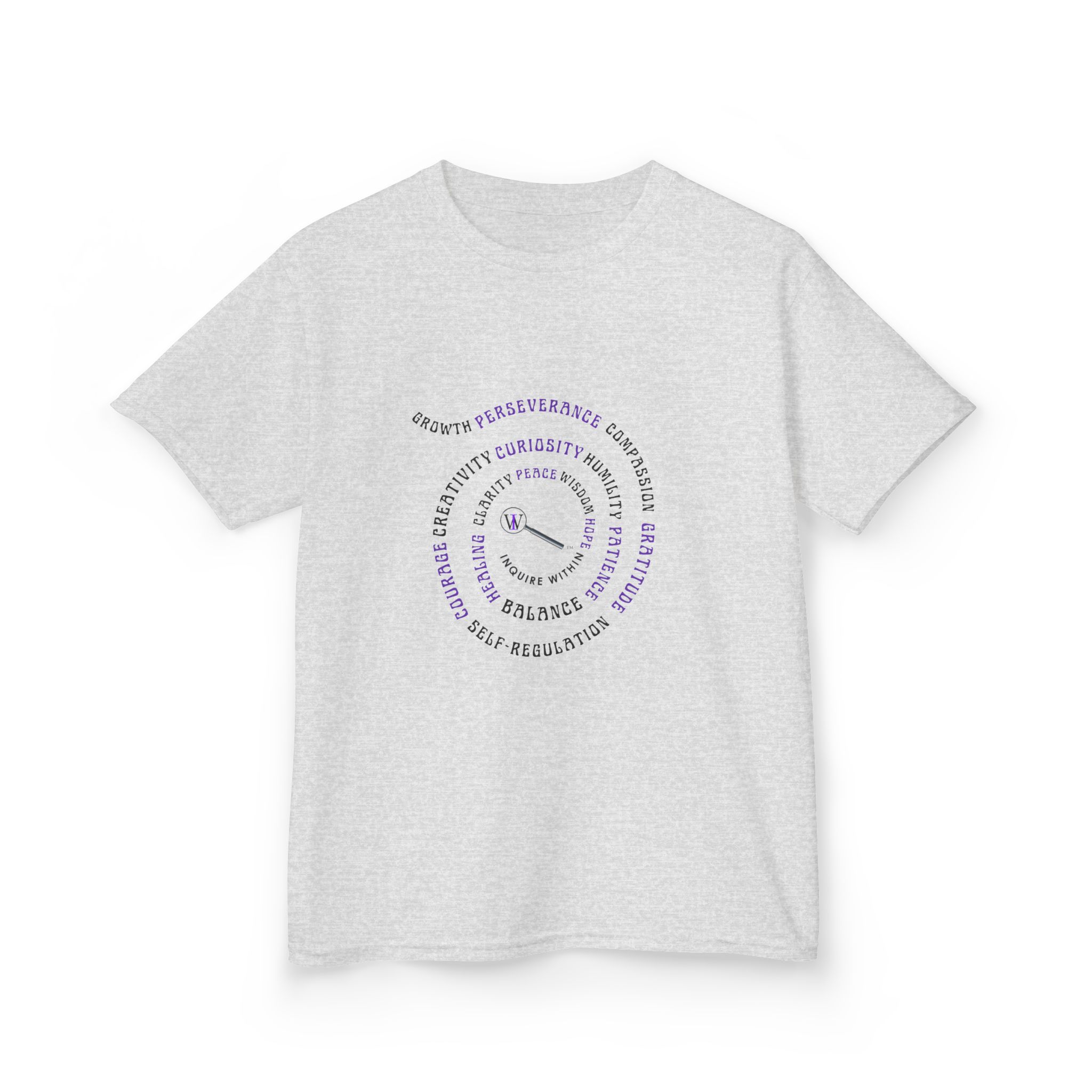 Kids Curiosity Tee — Magnifying Glass Logo & Positive Traits Spiral Kids T‑Shirt - Image 9