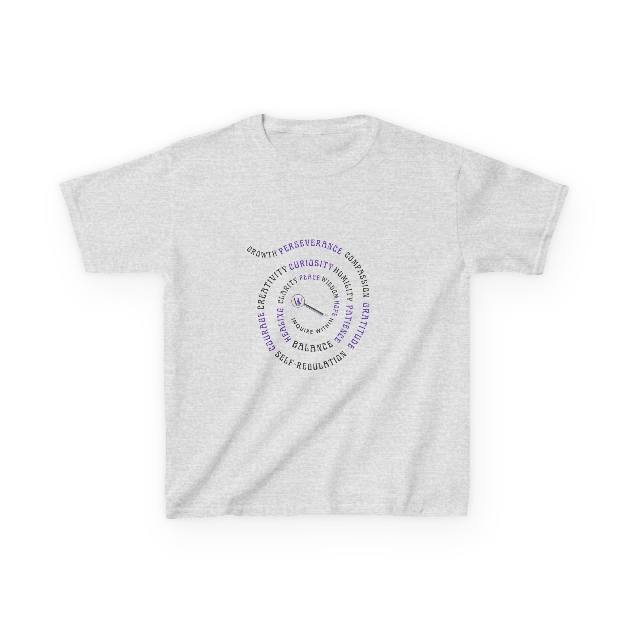 Kids Curiosity Tee — Magnifying Glass Logo & Positive Traits Spiral Kids T‑Shirt - Image 7
