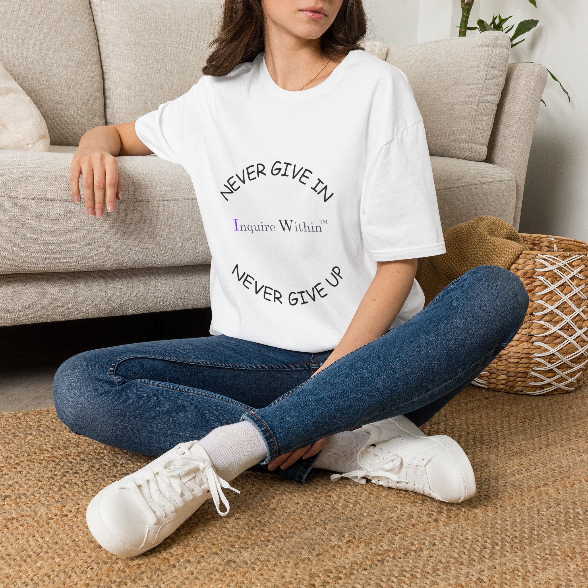 Woman's T-Shirt- 'Never Give In. Never Give Up' Front- Neutrals - Image 6
