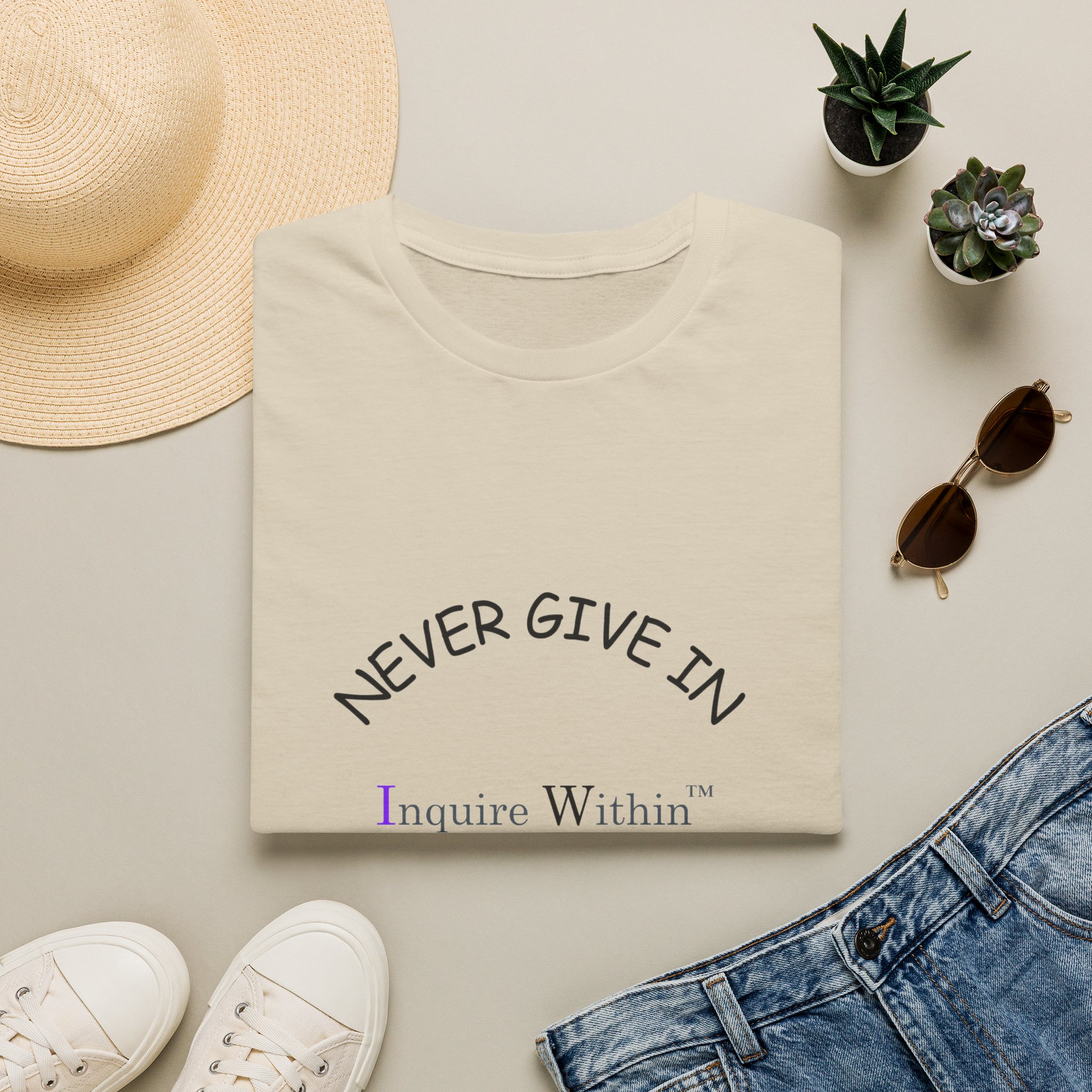 Woman's T-Shirt- 'Never Give In. Never Give Up' Front- Neutrals - Image 9