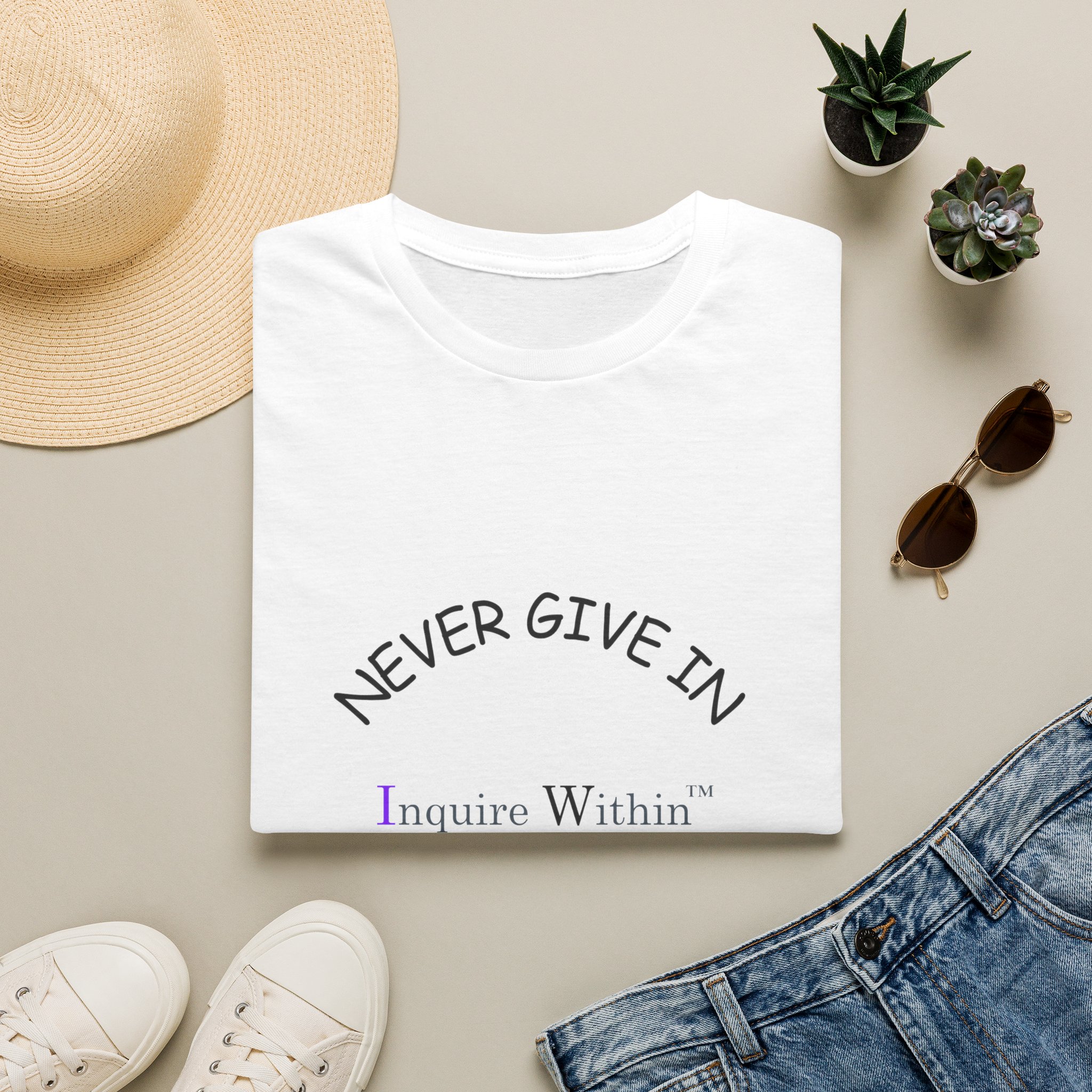 Woman's T-Shirt- 'Never Give In. Never Give Up' Front- Neutrals - Image 5