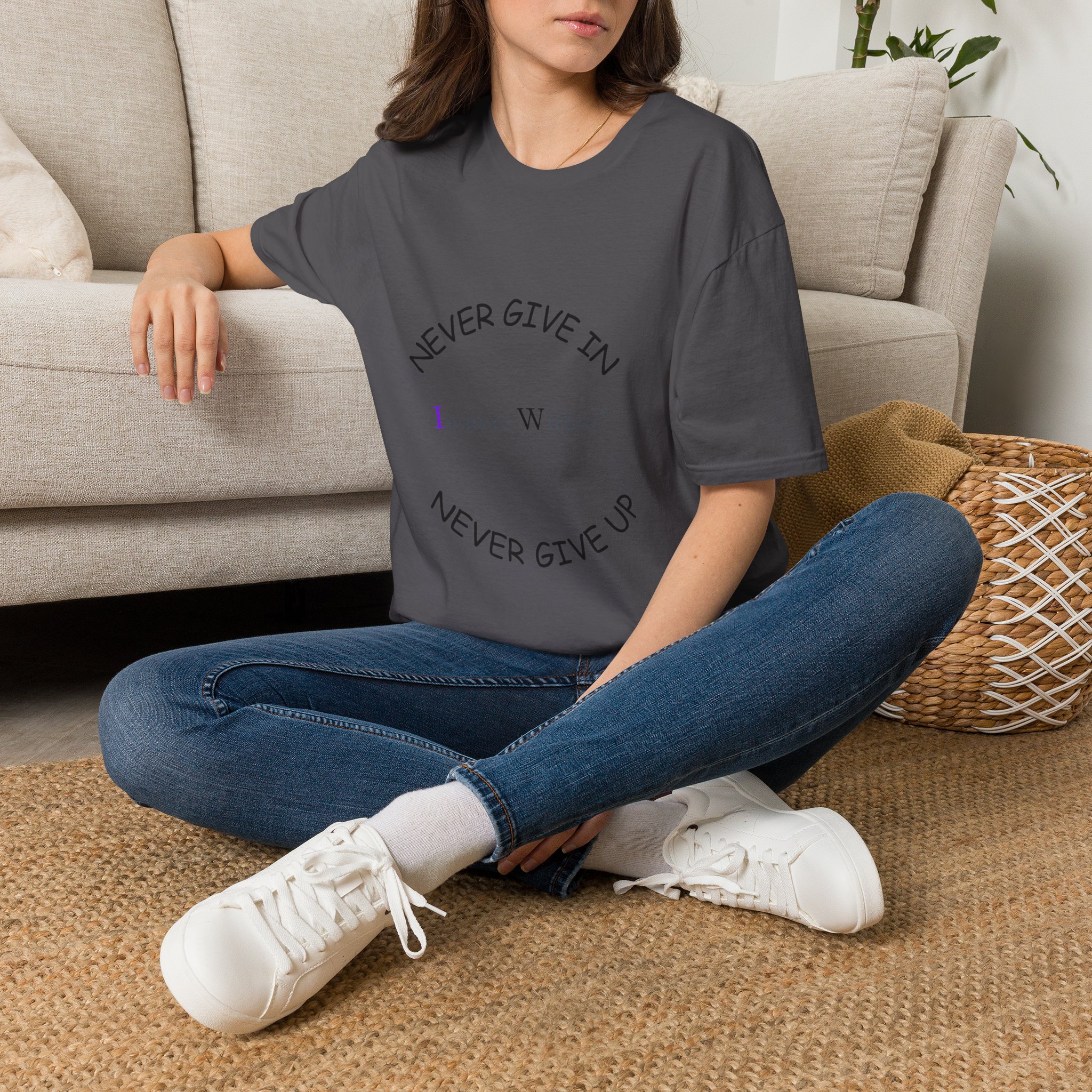 Woman's T-Shirt- 'Never Give In. Never Give Up' Front- Neutrals - Image 46