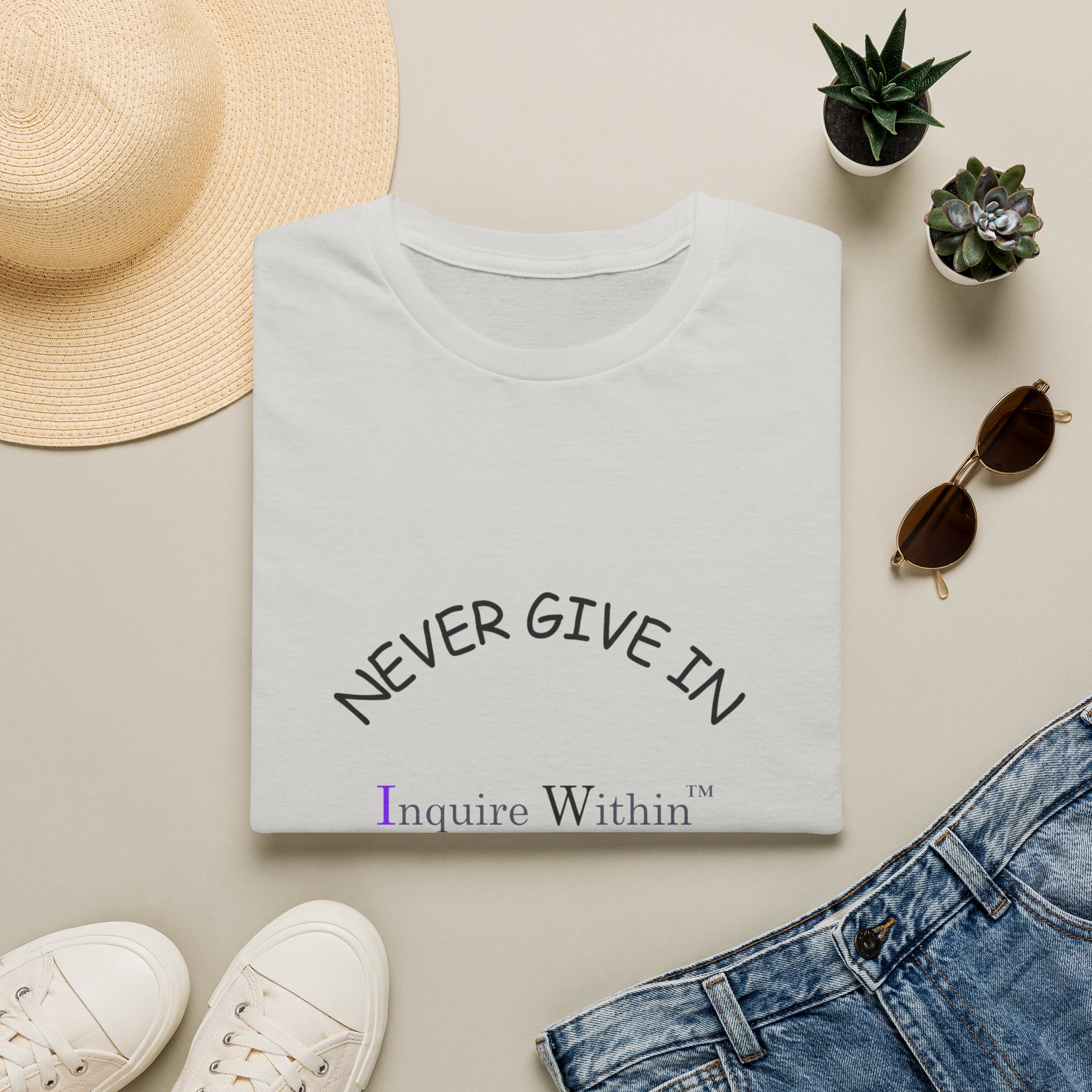 Woman's T-Shirt- 'Never Give In. Never Give Up' Front- Neutrals - Image 13